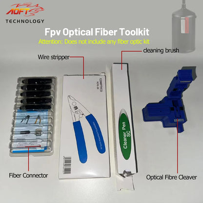 FPV Optical Fiber Toolkit includes connectors, wire stripper, cleaner pen, cleaver, and brush for single-mode fiber splicing and maintenance.