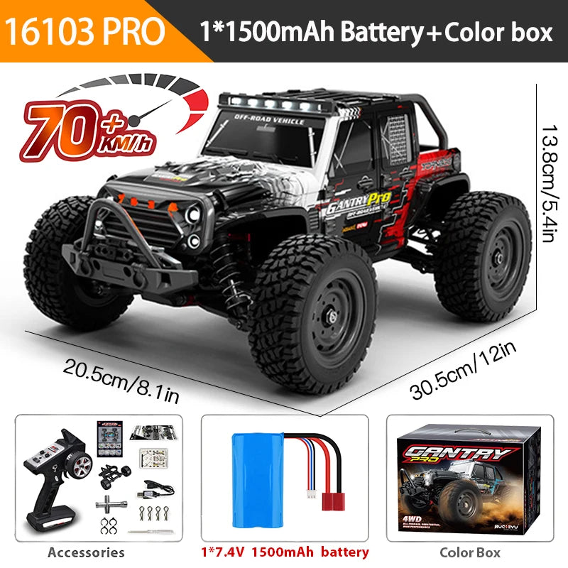 1:16 4WD RC Car, PRO RC truck: 70+ km/h, 4WD, brushless motor, LED lights, metal drivetrain, 2.4G remote, 1500mAh battery, accessories, color box, dimensions 30.5x20.5x13.8cm.