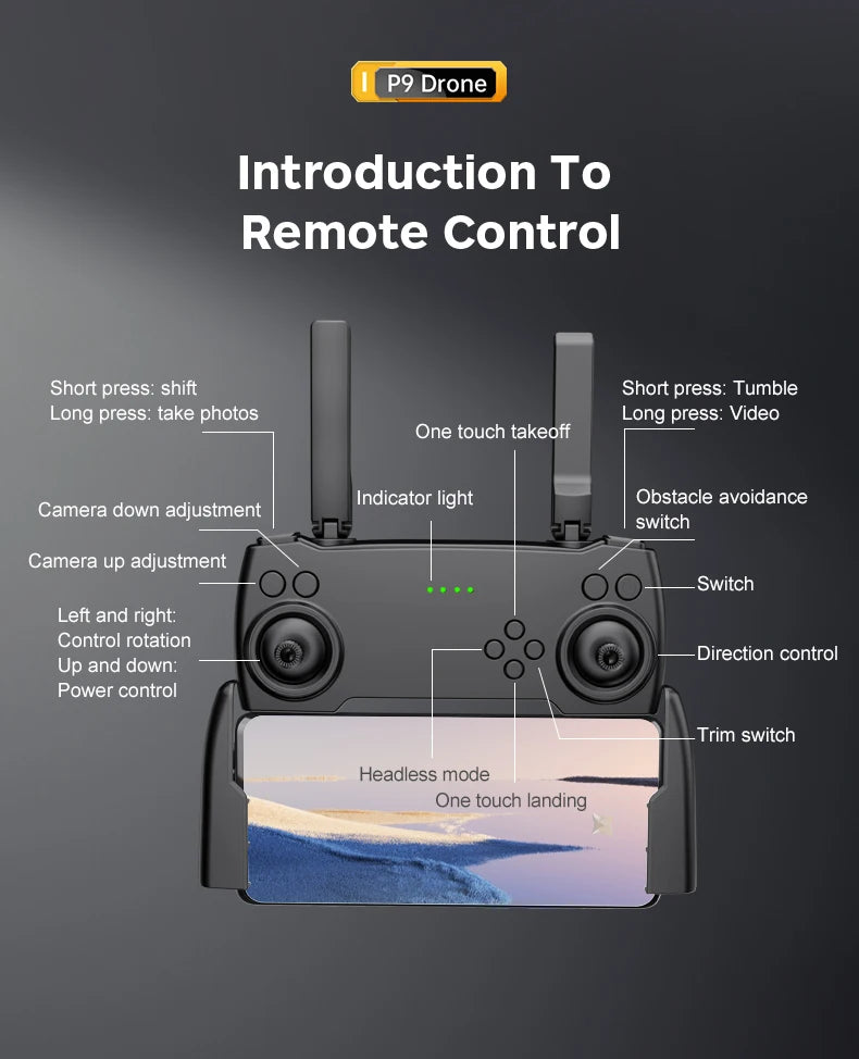 P9 Drone, drone introduction to remote control short press: tumble long press: take photos