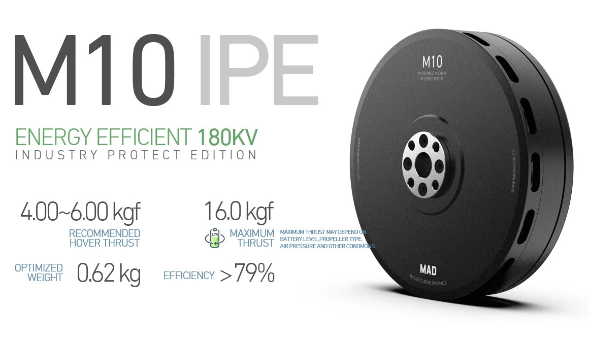 Energy-efficient MAD M10 IPE drone motor with 180KV output for paragliding/paramotoring.