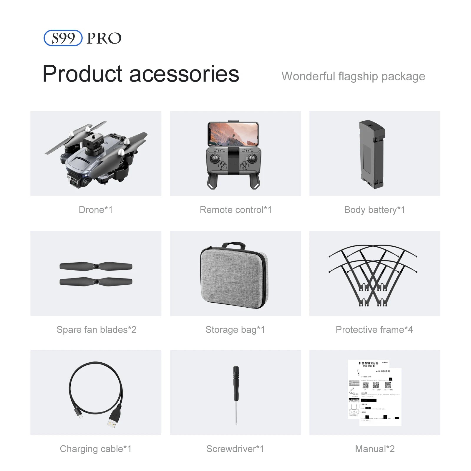 S99 Drone - Dual 4K HD WIFI FPV 2.4GHz Four-Sided Obstacle Avoidance With Light Four-Axis Folding Remote Control Helicopter Toy 48 S99 Drone, drone comes with remote control, body battery, spare fan blades,