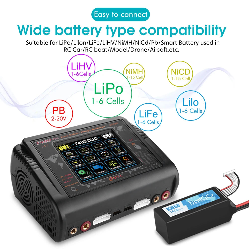 HTRC T400 Pro RC Lipo Charger. easy to connect Wide battery type compatibility Suitable for LiPo/Lilon/