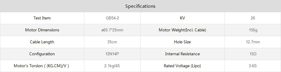 T-motor GB54-2 KV26 Gimbal Motor high torque low speed for DJI part camera phantom 8 T-motor, Specifications Test Item GB54-2 Motor Dimensions 060.7*25mm Motor Weight