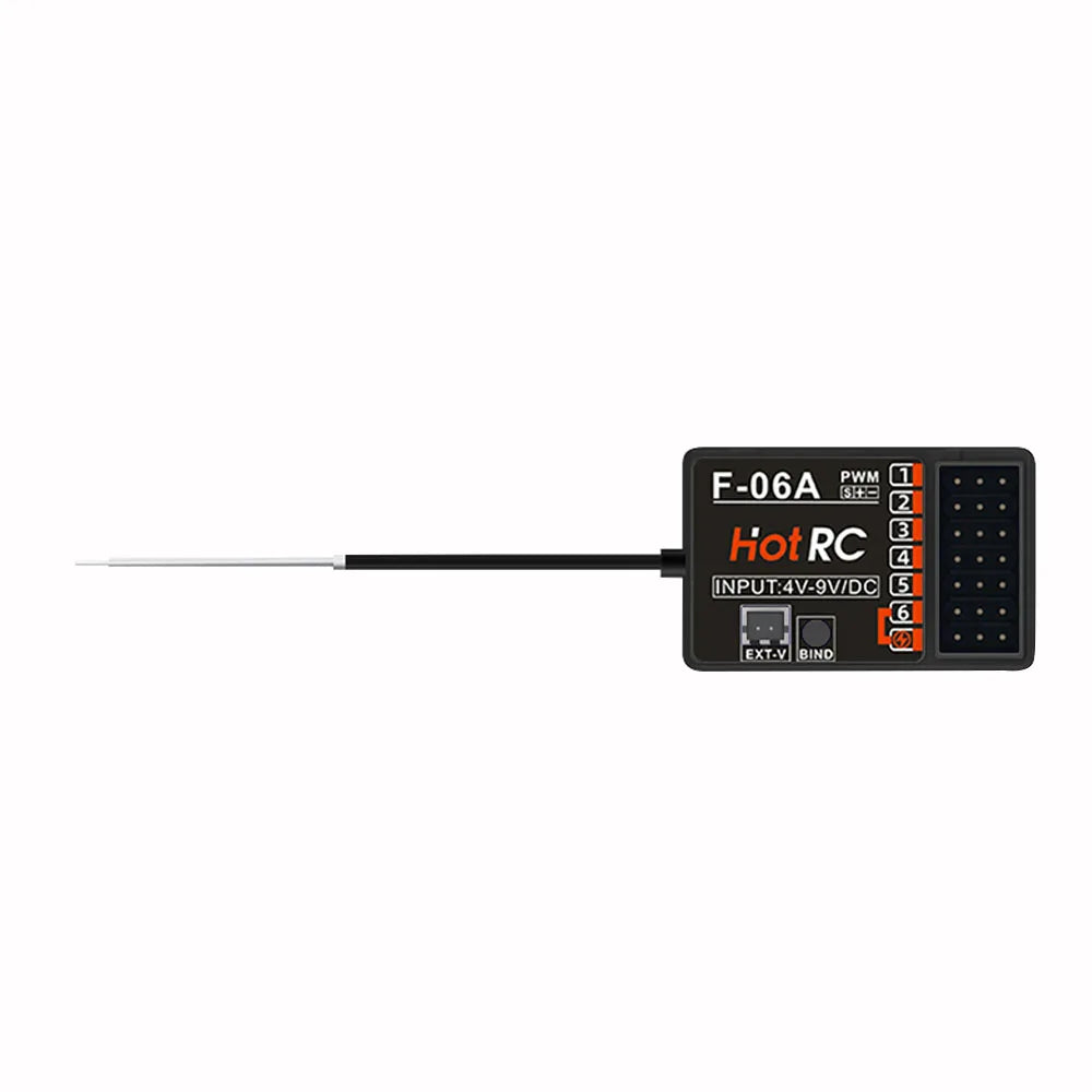 HOTRC F-06A 6-channel receiver with 2.4GHz, GFSK FHSS, 300m range, 4V–9V input, PWM output, and bind button for reliable drone control.