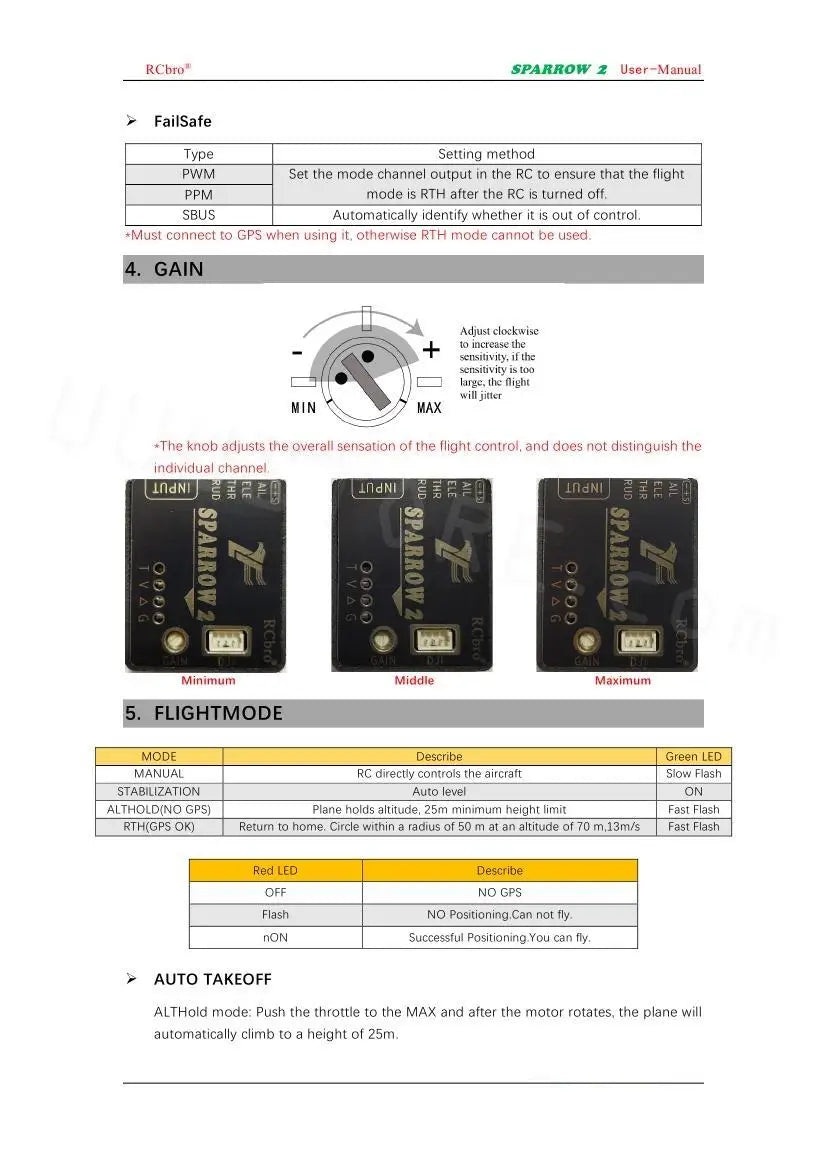 Lefei V2 Sparrow 6-Axis Return Home Stabilization with GPS Module Gyroscope Flight Controller for Air Unit FPV RC Airplanes Part 12 "RCbro" user manual FailSafe Type Setting method PWM Set the mode channel
