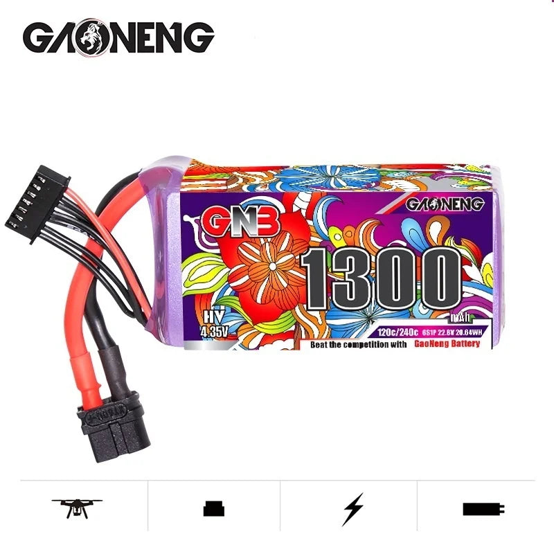 GNB13006S120AHV XT60 (1).jpg GNB 6S HV battery for FPV drones: 22.8V, 1300mAh, 120C/240C discharge rate.