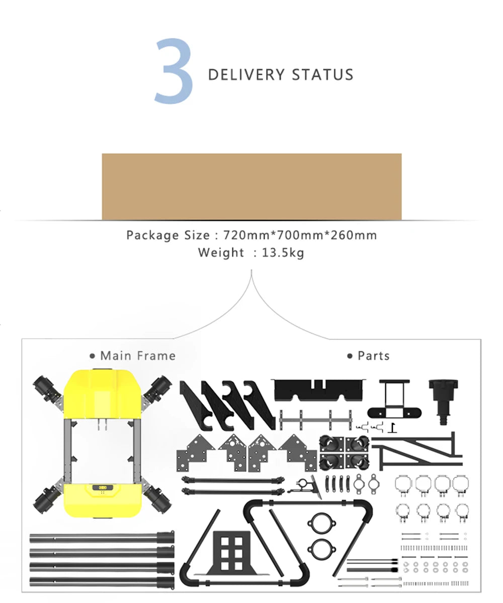 Dreameagle F30 6-Axis Agriculture Drone, The Dreameagle F30 Agriculture Drone has a main frame including MRI parts and measures 720mm x 700mm x 260mm.