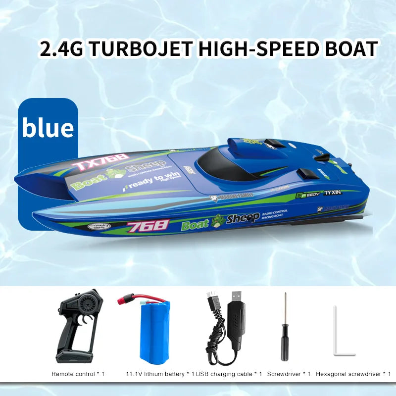 TX768 RC Boat, Blue 2.4G Turbojet boat (TX768), 30 km/h, water-cooled, 2212 motor, 250m range; ready-to-go with remote, battery, charger, tools.