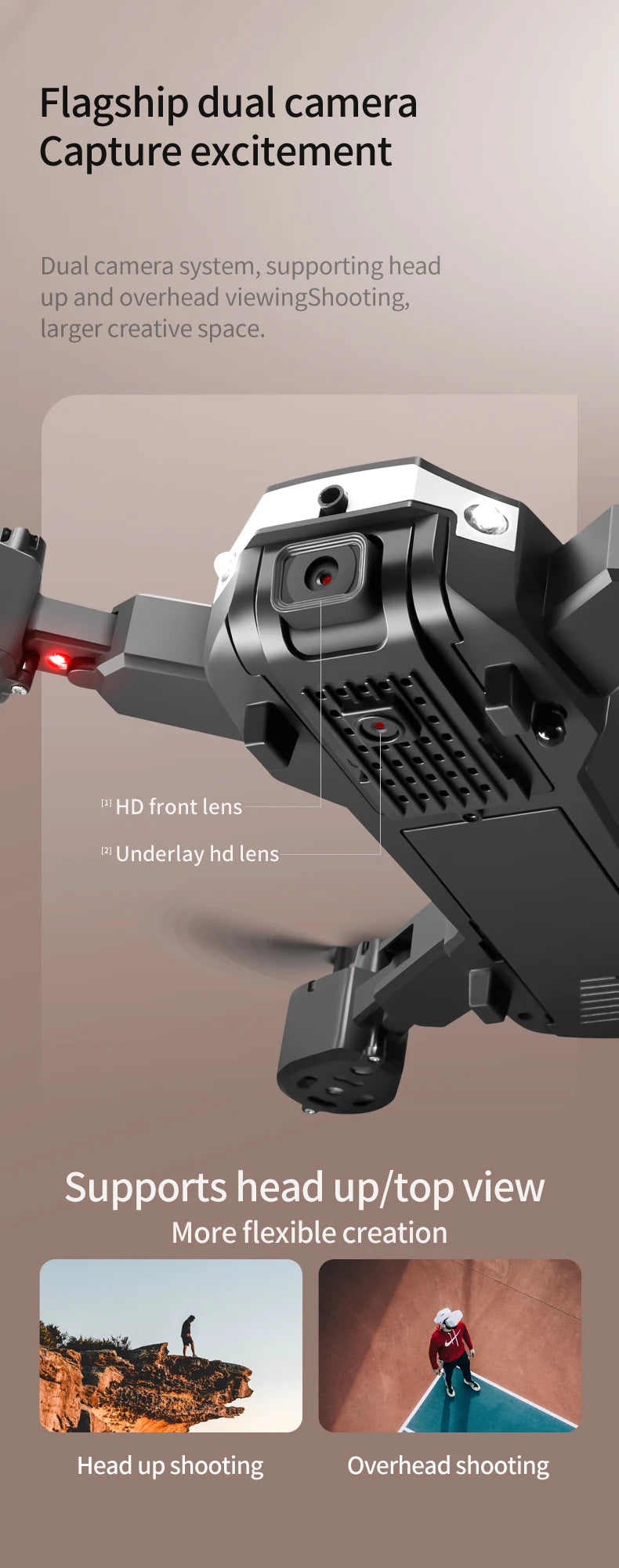 T6 Drone, dual camera system, supporting head up and overhead viewing . hd front lens Underlay