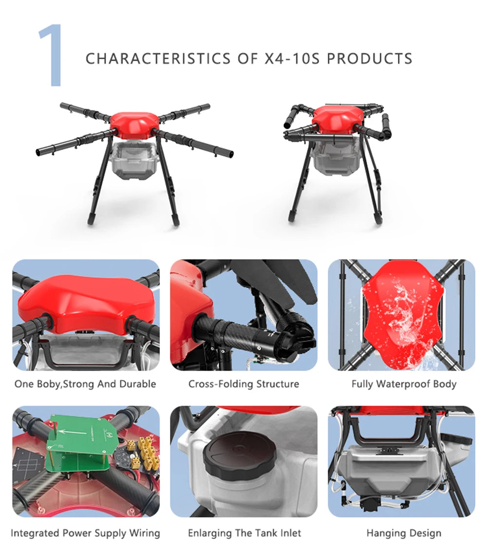 The Dreameagle X4-10S has a strong and durable design with waterproof body, integrated power supply, and enlarged tank inlet for reliable 4-axis agricultural spraying.