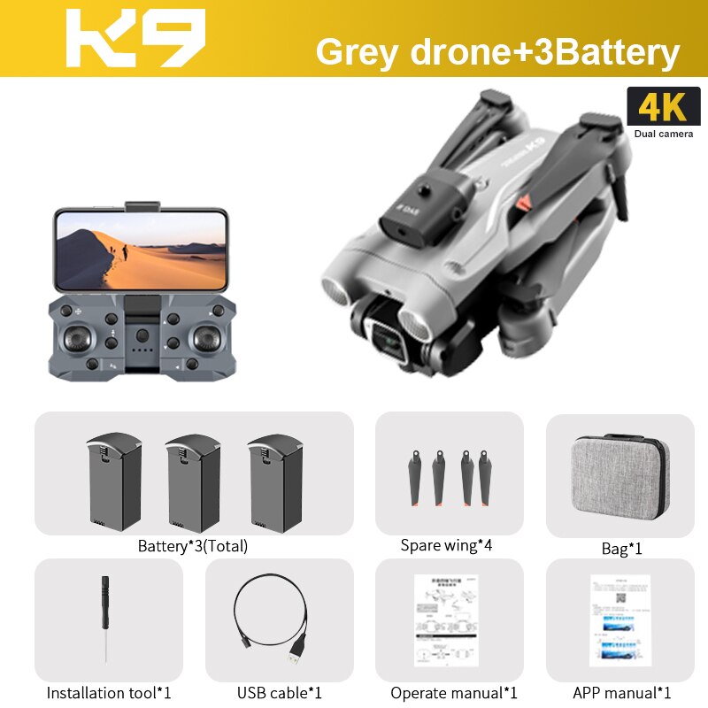 K9 RC Drone, KD Grey drone+3Battery 4K Dual camera Battery