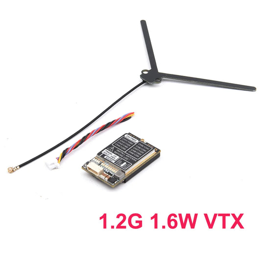 1.2GHz 1.3GHz 1.6W 9CH VTX, VTX transmitter module for RC FPV airplanes, supporting 9 channels and 2 power levels (25mW or 1600mW) with compatibility to 7-28V power supplies.