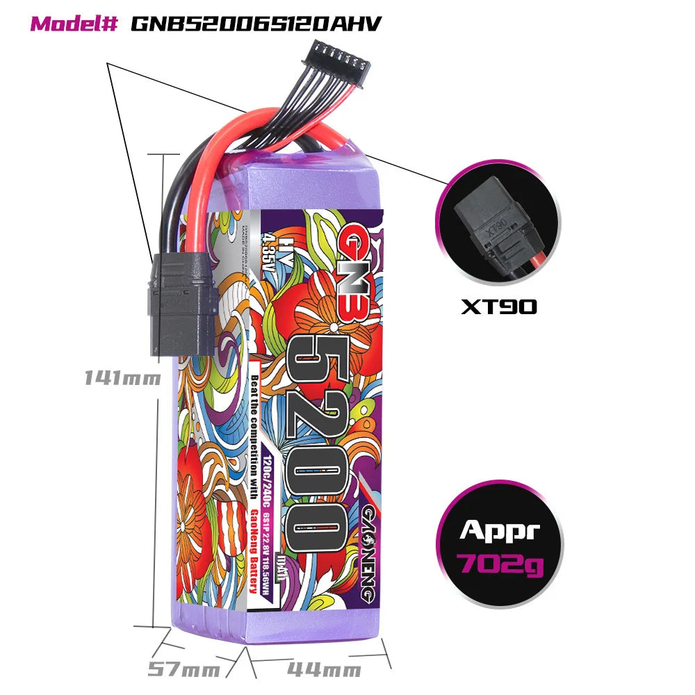 High-performance LiPo battery for FPV drones with 22.8V, 5200mAh capacity, and fast discharging up to 120C.