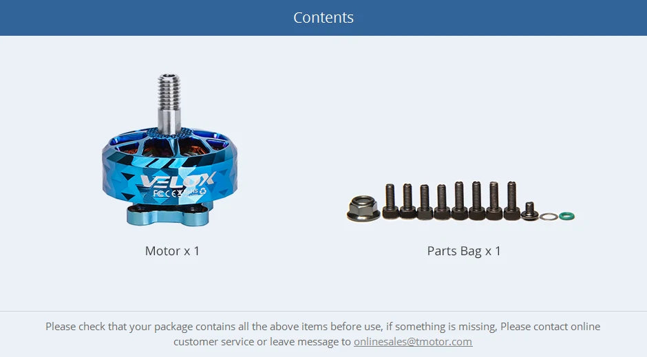 T-MOTOR V2207.5 V2 Brushless Motor Veloce Series Solid While Pretty For Drone 17 T-MOTOR, if something is missing; please contact online customer service or leave message to onlinesales@