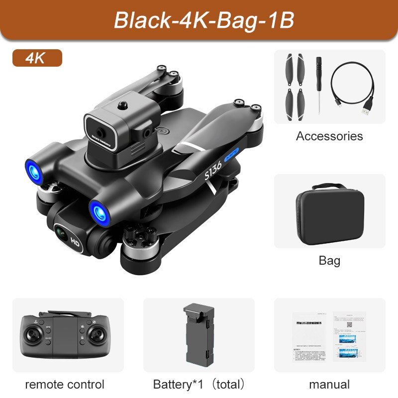 S136 GPS Drone 4K Professional 8K Dual ESC Camera Optical Flow Positioning Obstacle Avoidance Brushless RC Foldable Quadcopter Black-Dual4K-Bag-1B
