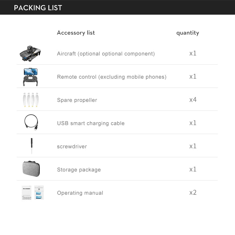 S+ Drone, PACKING LIST Aircraft (optional optional component) xl Remote control (