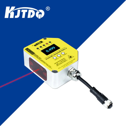 KJT TLS-05C Laser Displacement Sensor, KJT TLS-05C laser sensor features OLED display, 1mm resolution, Class 1 red laser, PNP/NPN outputs, RS485 communication, IP65 rating, and 0–5m measurement range.