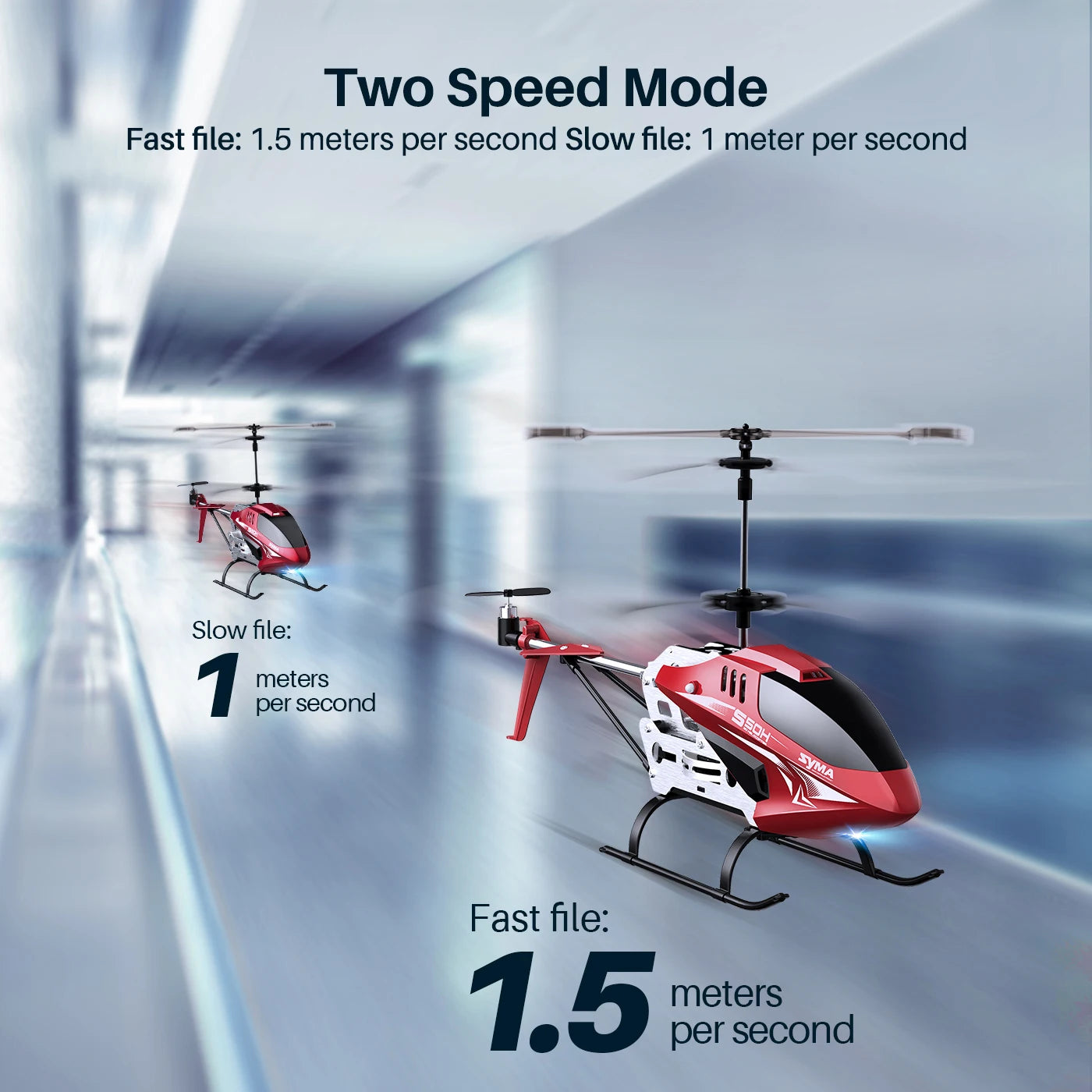 SYMA S50H RC Helicopter, Two Speed Mode Fast file: 1.5 meters per second Slow file: 1 meter per second