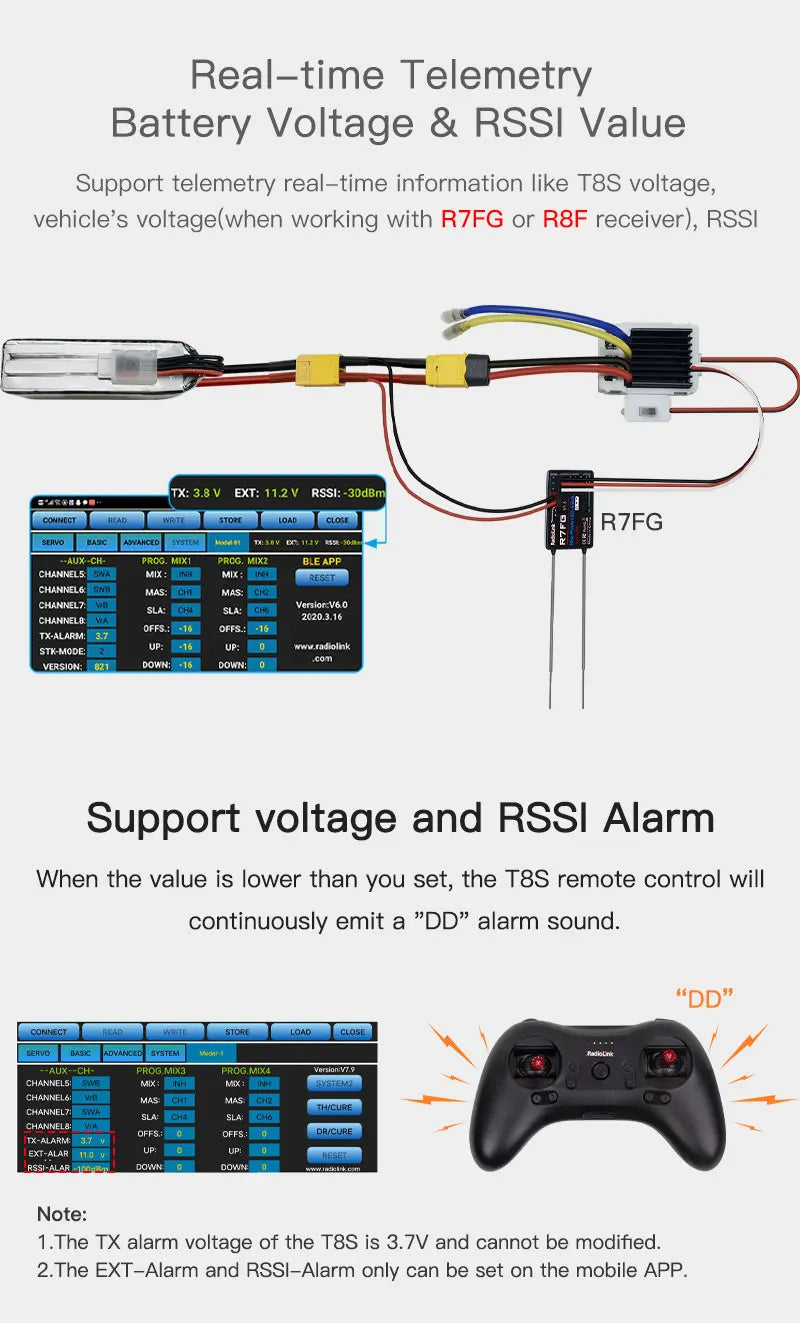Radiolink T8S, the T8S remote control will continuously emit a "DD" alarm sound: DD