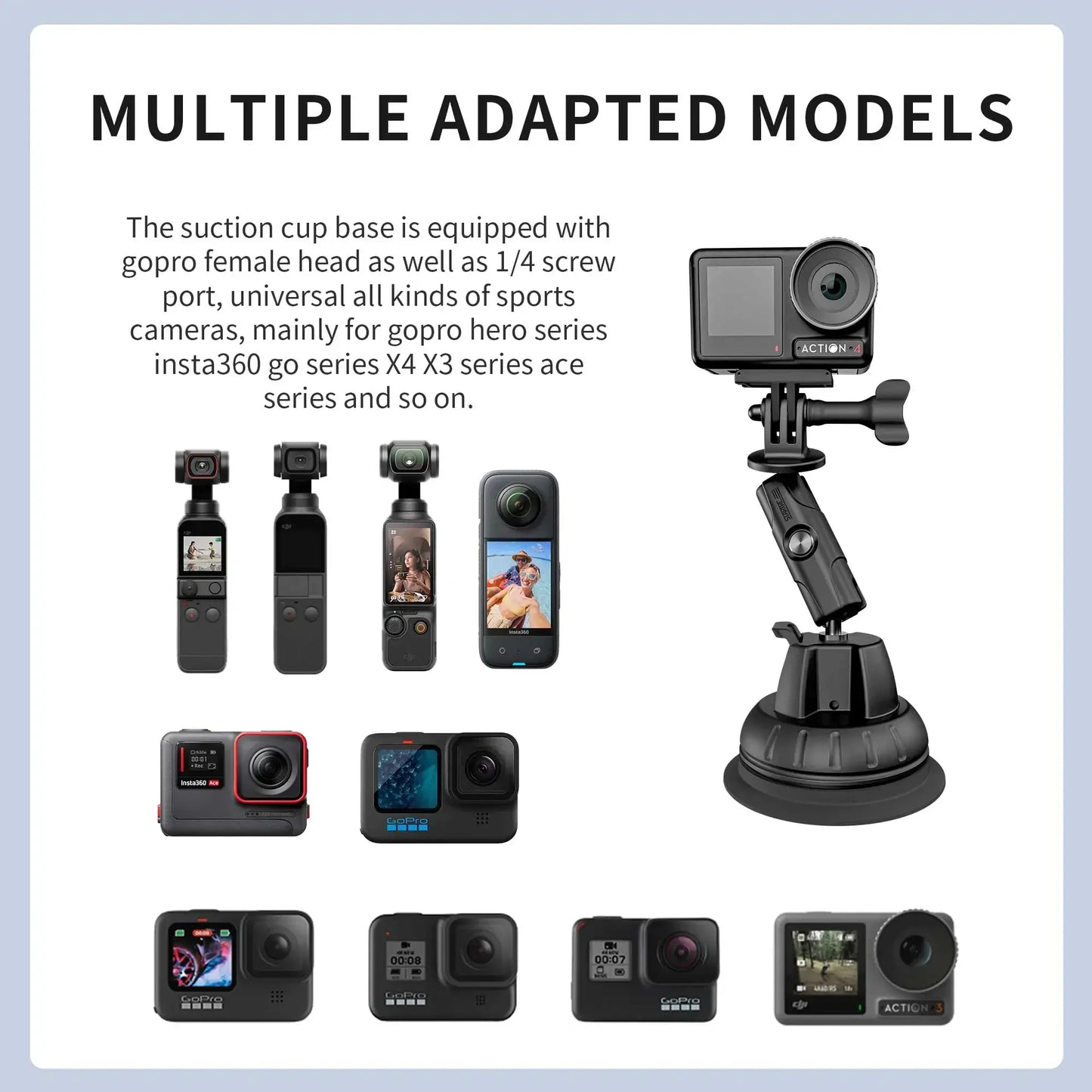 Compatible with GoPro, Insta360, DJI, and more via GoPro-style head and 1/4" screw; ensures secure, stable action camera mounting in diverse conditions. (24 words)
