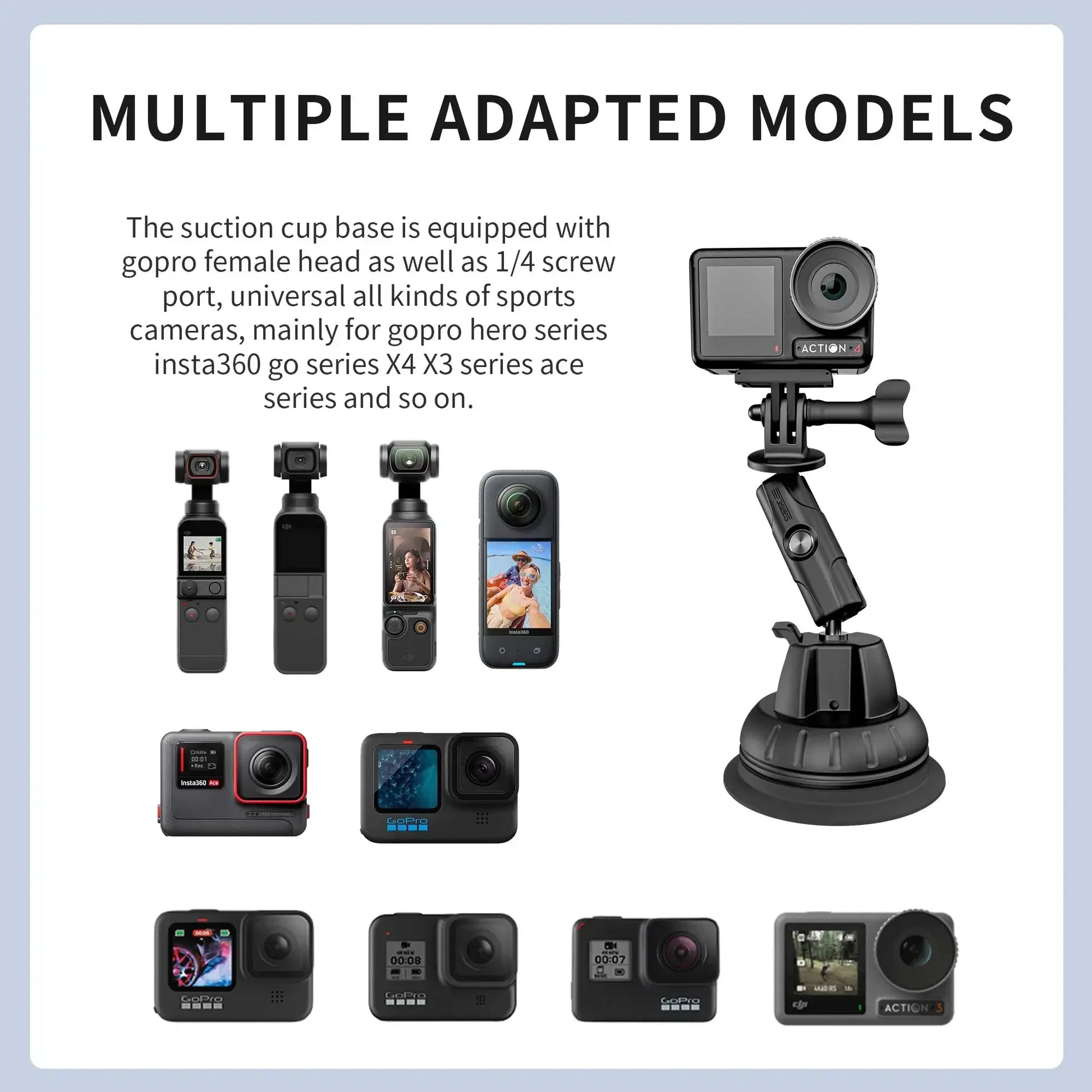 Compatible with GoPro, Insta360, DJI, and more via GoPro-style head and 1/4" screw; ensures secure, stable action camera mounting in diverse conditions. (24 words)