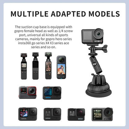 Compatible with GoPro, Insta360, DJI, and more via GoPro-style head and 1/4" screw; ensures secure, stable action camera mounting in diverse conditions. (24 words)