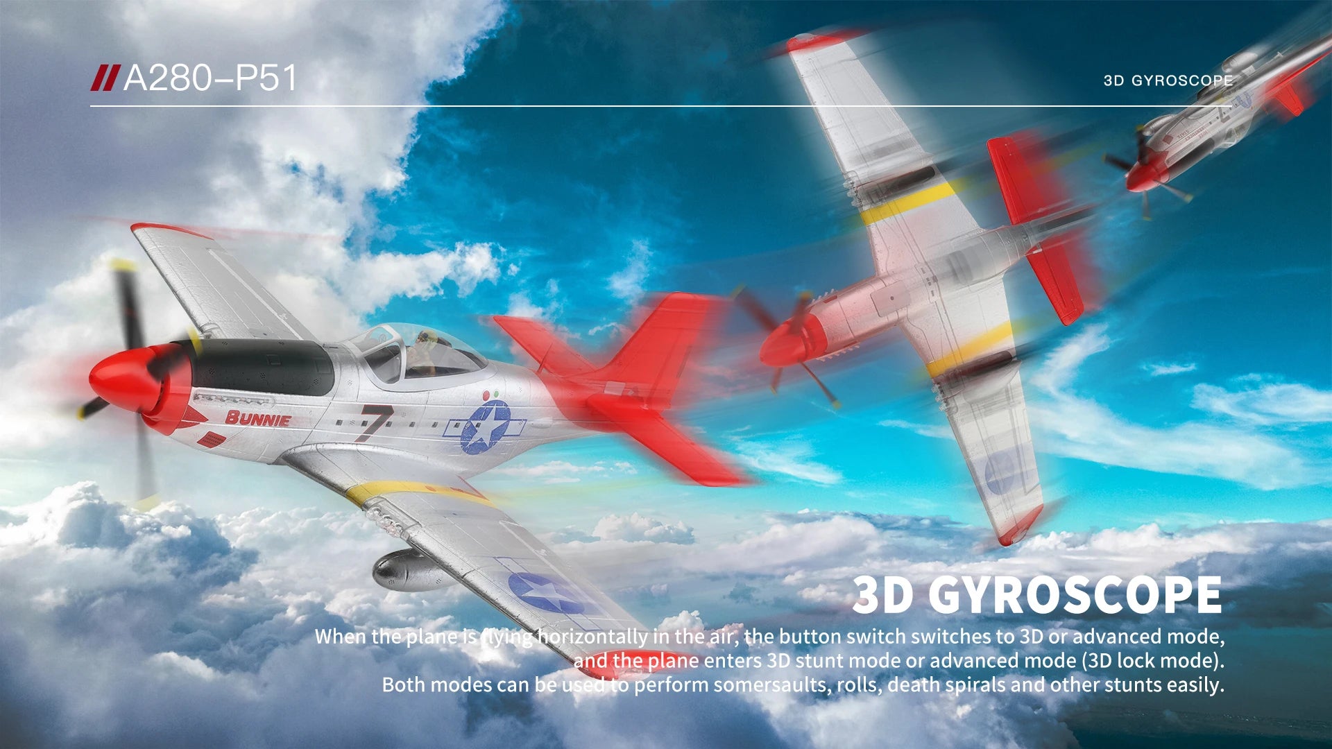 WLtoys A280 Brushless Motor RC Airplane, the button switch switches to 3D or advanced mode, and the plane enters 3D stunt