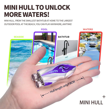 Mini Remote Controlled Boat, Mini 7.8cm RC boat with 2.4G frequency, 360° rotation, 15m range, LED lights, and 3.7V battery. Perfect for indoor/outdoor water play.