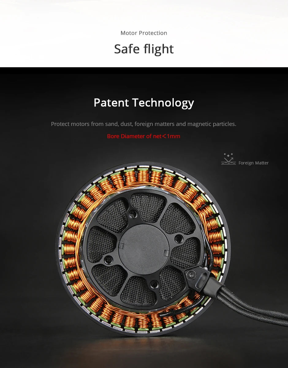 T-motor, Motor Protection Safe flight Patent Technology . protect motors from sand; dust; foreign