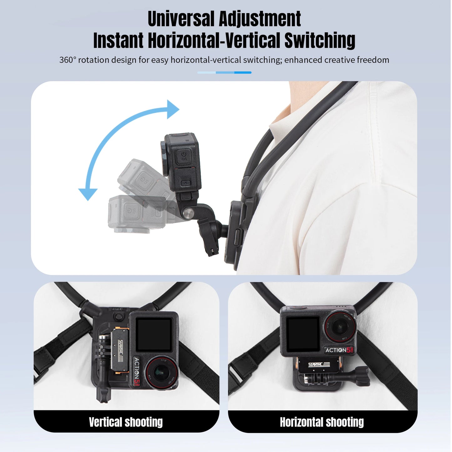 STARTRC Neck Hanging Mount Bracket, The camera features a universal adjustment with instant switching from horizontal to vertical, providing creative flexibility and seamless mode transitions.