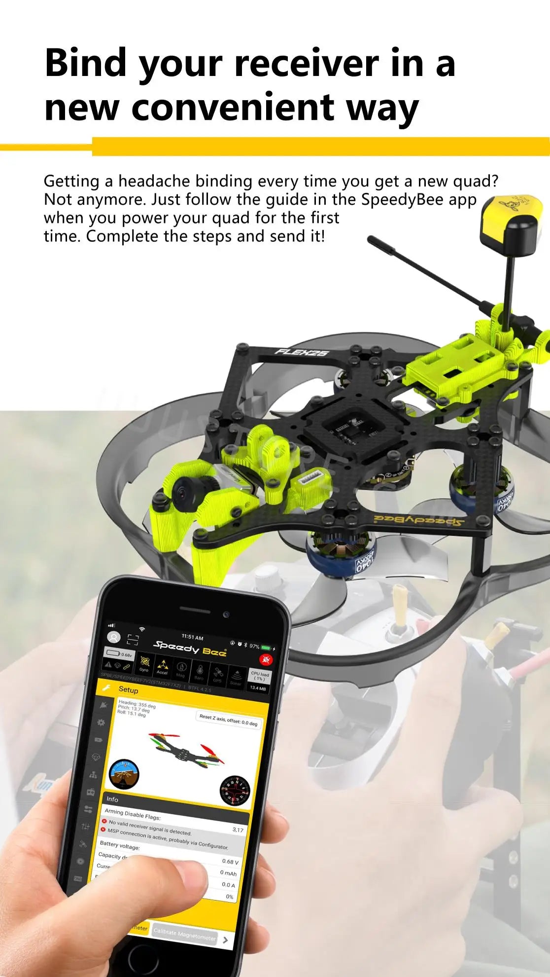 SpeedyBee Flex25 Analog - 78mm F7 35A AIO 4S 2.5 Inch CineWhoop RC FPV Racing Drone with 800mW VTX RunCam Phoenix2 Nano Camera Toy 12 SpeedyBee Flex25 Analog, follow the guide in the SpeedyBee app when you power for the first time: Complete