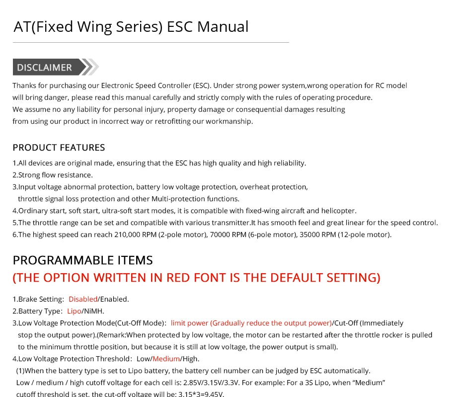 T-MOTOR AT 20A ESC, AT(Fixed Series) ESC manual DISCLAIMER Under strong power