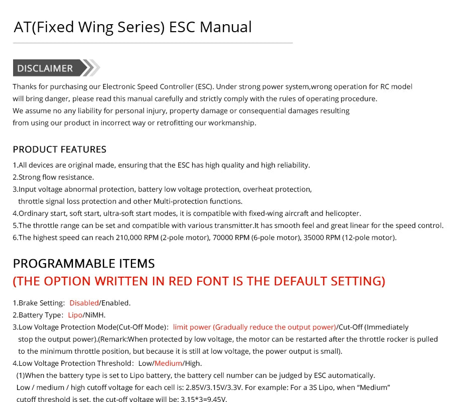 T-MOTOR AT series ESC, AT(Fixed Series) ESC manual DISCLAIMER Under strong power