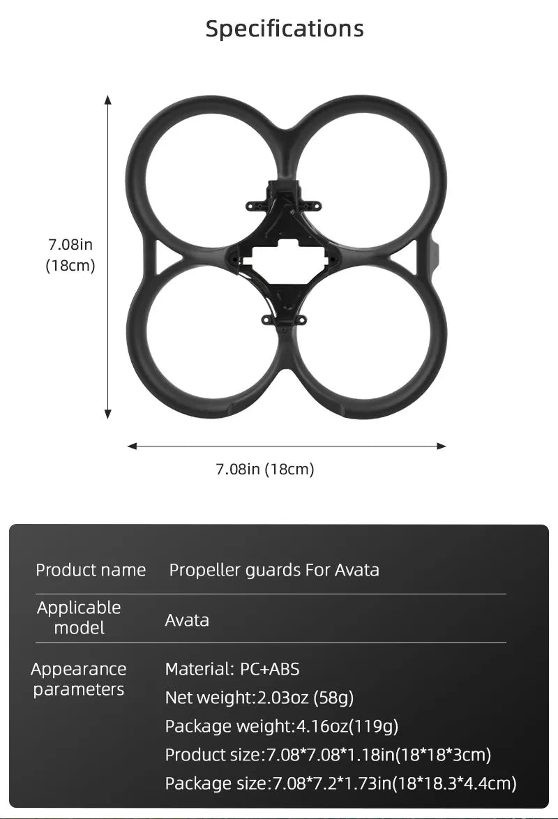 Propeller Guard for DJI AVATA, Specifications 7.08in (18cm) Product name Propeller guards For Avat
