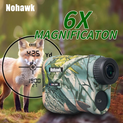 Nohawk 6X magnification NK-1000 rangefinder with camouflage design, USB rechargeable, 905nm laser, slope mode, and CE/FCC/RoHS certified for reliable, accurate distance measurement.