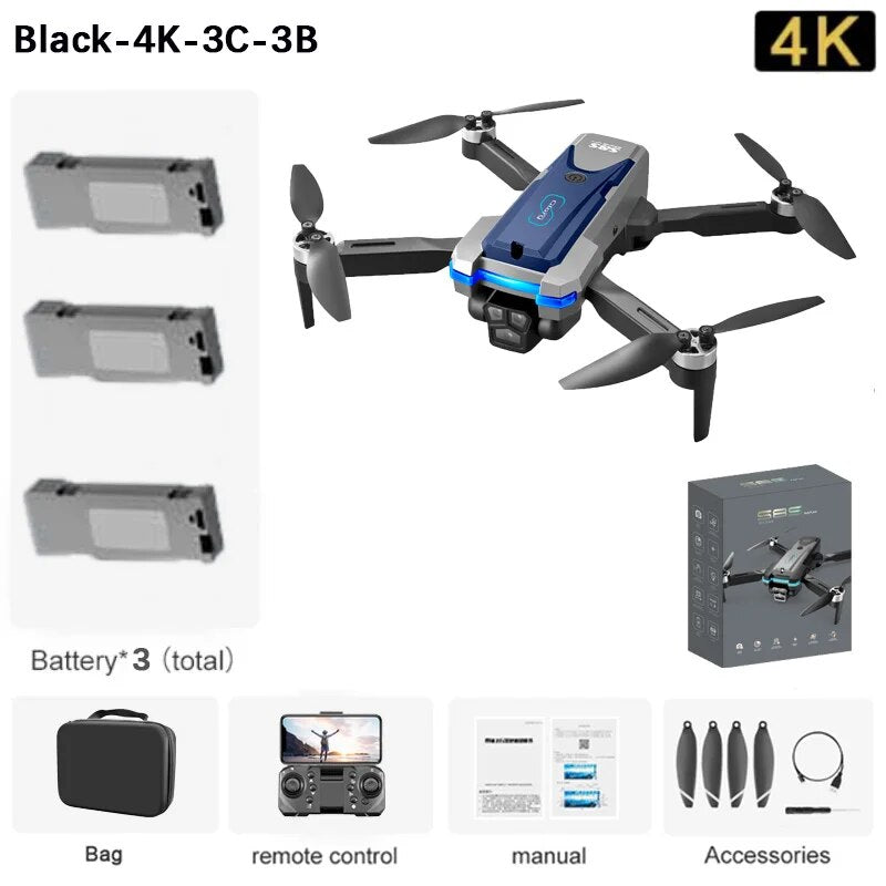 S8S Drone, Black-4K-3C-3B 4K Battery* 3 (total) Remote Control Accessories