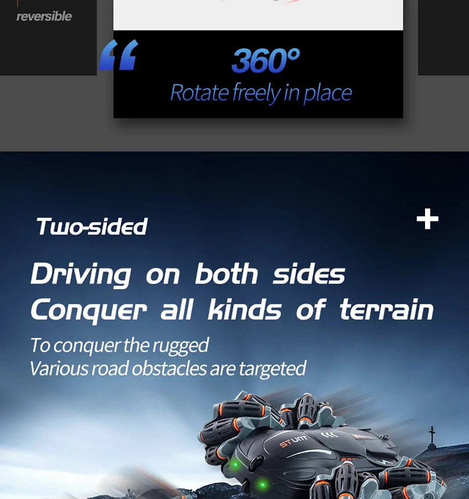 4WD RC Car Drift Stunt Car, reversible 3600 Rotatefreelyin place Two sided Driving on both sides