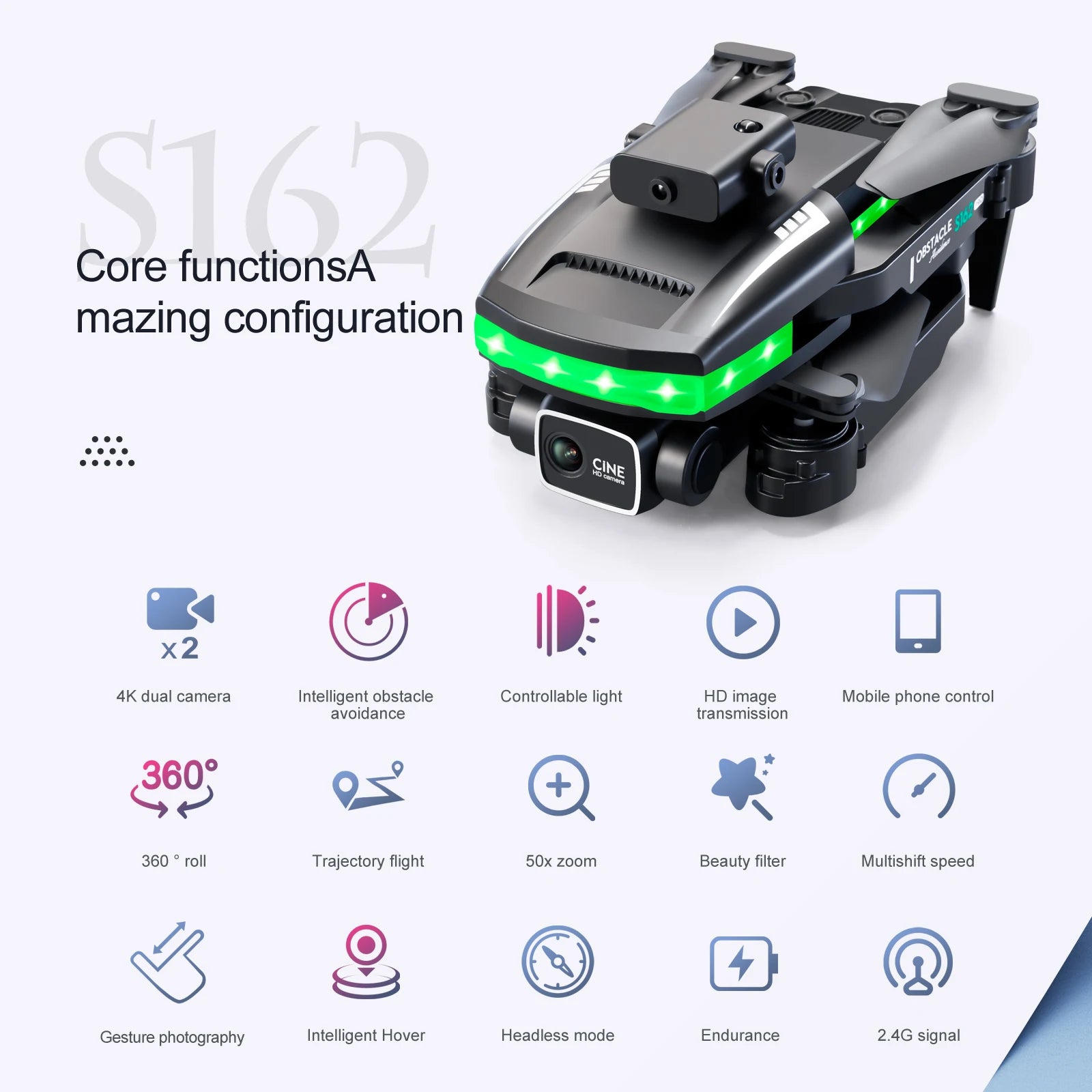 S162 Pro Drone - WIFI FPV With LED Light Bar HD 4K Beauty Shot Camera Height Hold RC Foldable Quadcopter Drones Kid Gift Toys 19 S162 Pro Drone, 414h 6 core functionsa mazing configuration sine x