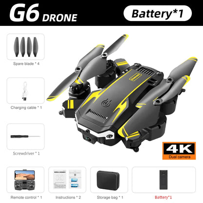 KBDFA G6 Pro GPS Drone, Drone kit contents: battery, blades, charger, tool, cameras, controller, manual, and storage case.