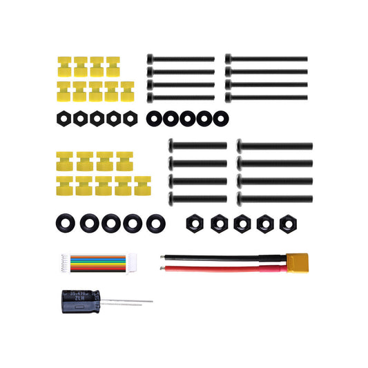 SpeedyBee F7 Mini stack accessory kit with mounting screws, nuts, washers, yellow grommets, wiring harness, XT60 lead and 35V 470µF capacito