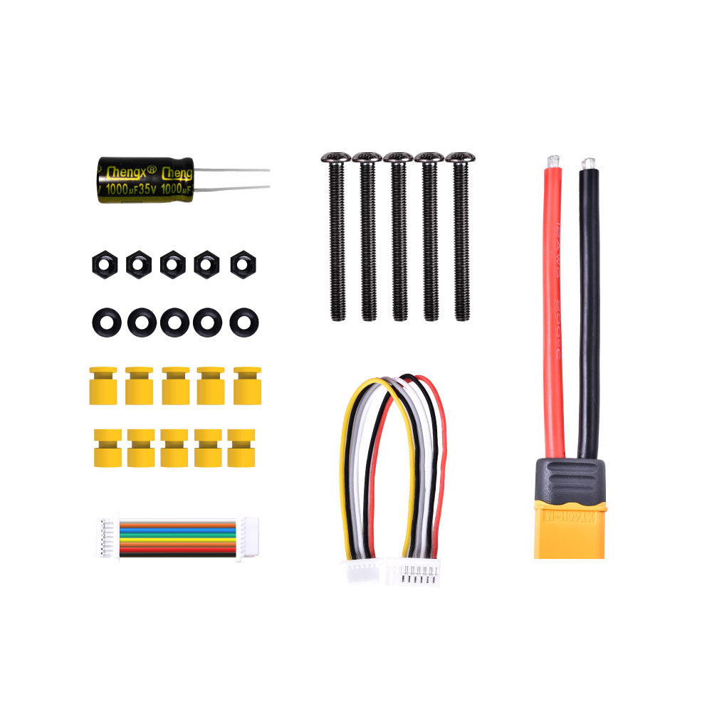 SpeedyBee F405 V3 stack accessory kit with 1000µF 35V capacitor, XT60 lead, harnesses, standoffs, screws
