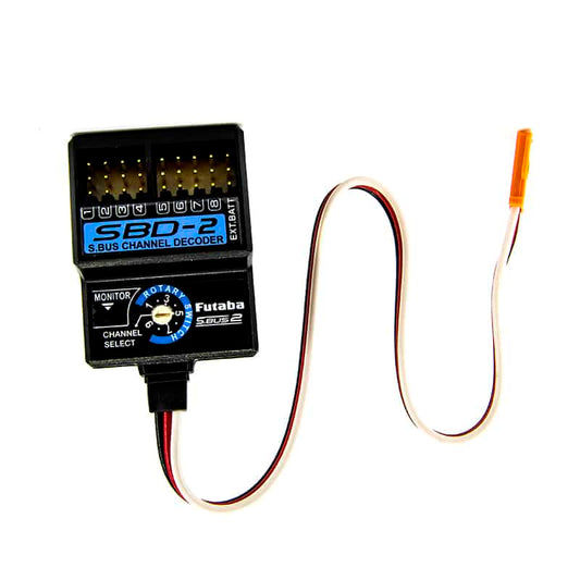 Futaba SBD-2 S.Bus Decoder with channel select dial and servo lead on white background