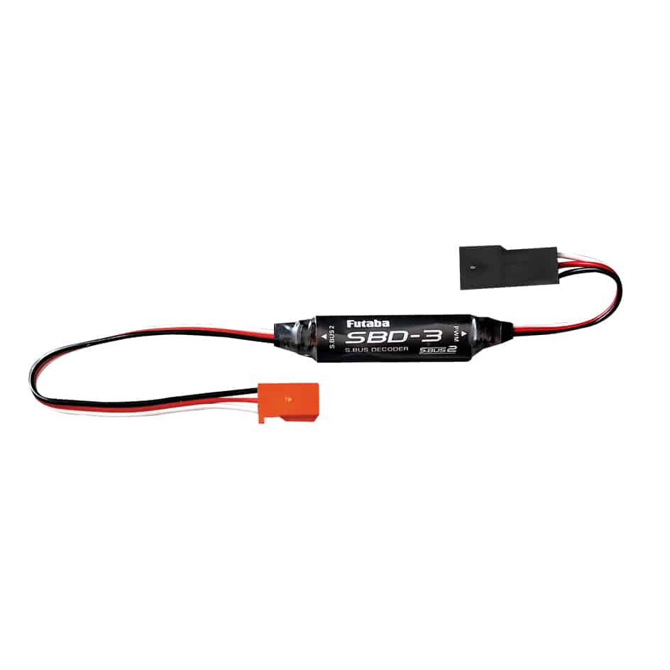 Futaba SBD-3 S.Bus Decoder inline module with lead wire and connectors on white background