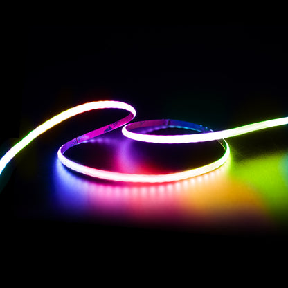 SpeedyBee Bee35 Meteor LED V2 RGB LED strip kit lit in multiple colors, coiled on a dark surface