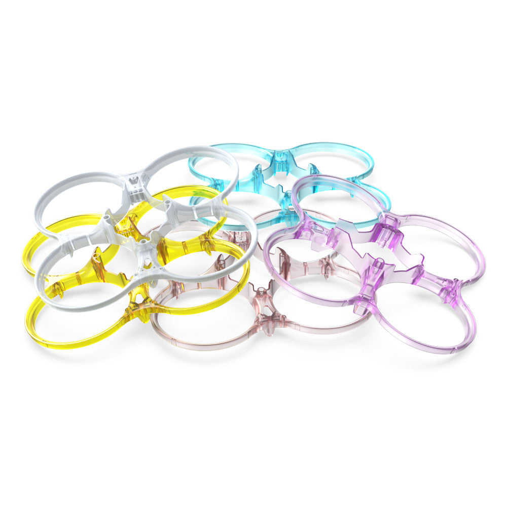 SpeedyBee BEE35 propeller protection duct guard in translucent plastic, shown in multiple colors with four round ducts