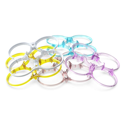 SpeedyBee BEE35 propeller protection duct guard in translucent plastic, shown in multiple colors with four round ducts