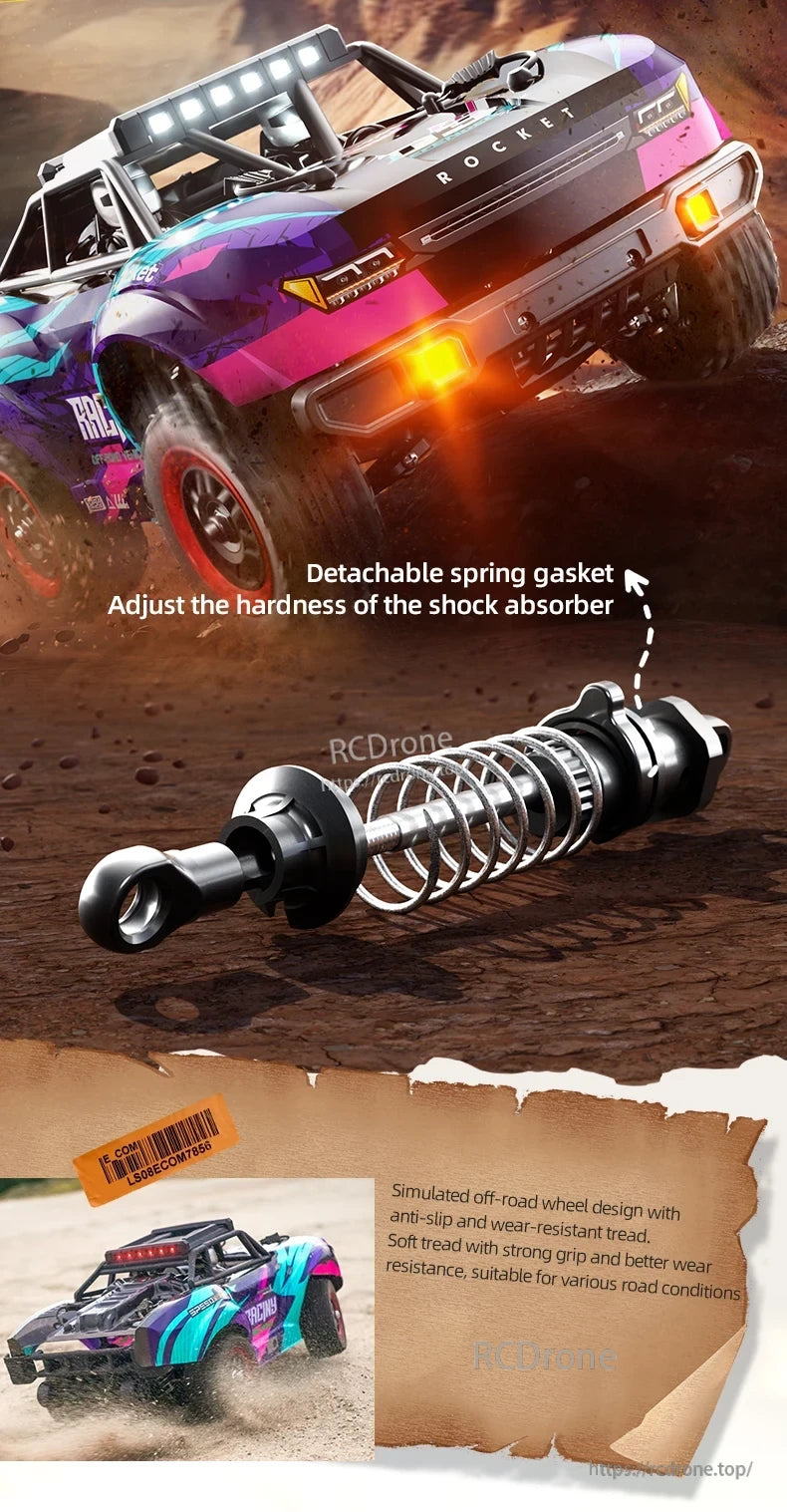 SCY 18103 PRO 1/18 RC Car, Detachable spring gasket adjusts shock absorption; rugged off-road wheels feature anti-slip, wear-resistant treads for superior grip and durability on diverse terrains.