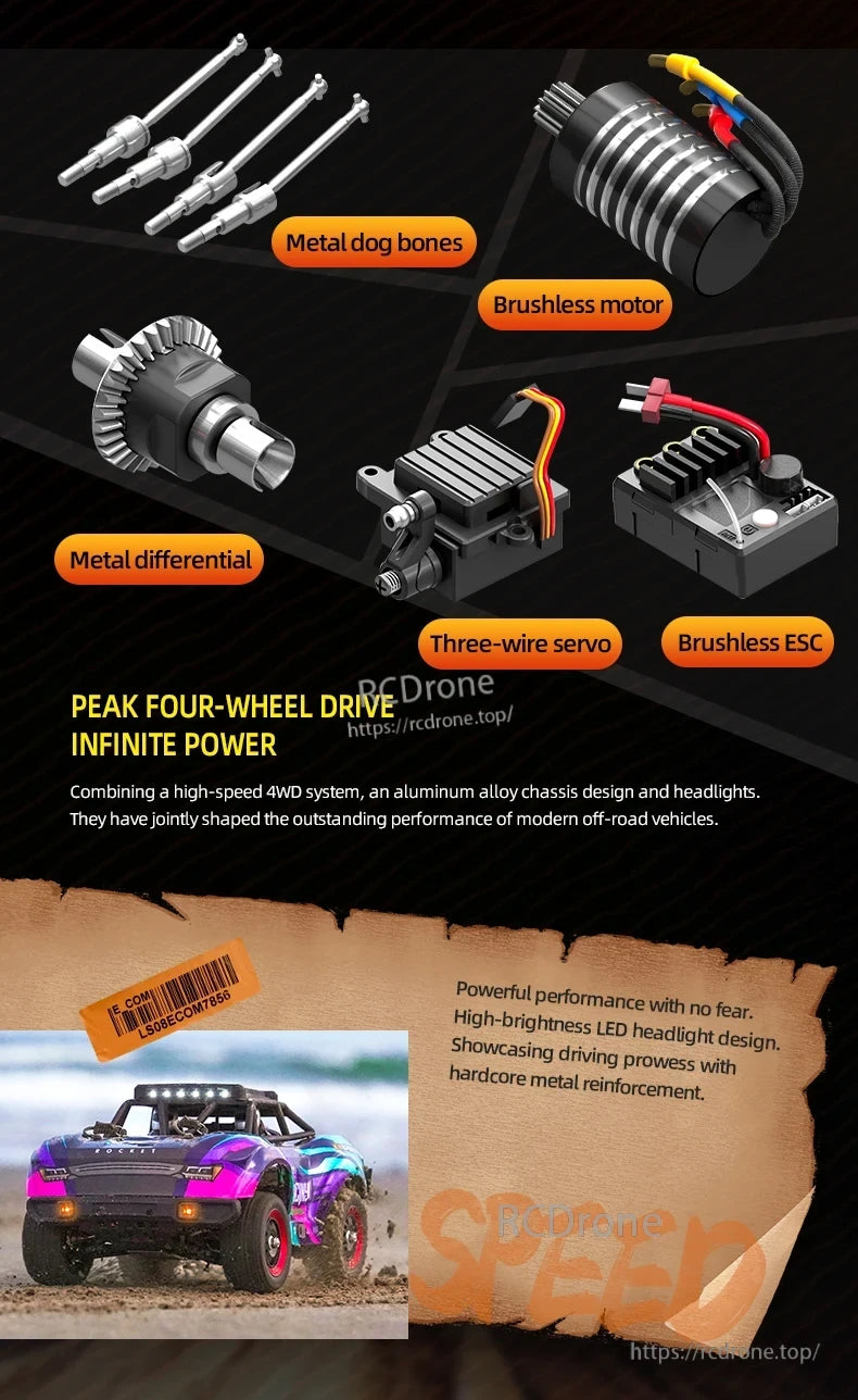 SCY 18103 PRO 1/18 RC Car, The SCY 18103 PRO RC car features a durable aluminum chassis, brushless powertrain, LED lights, and metal reinforcements for high-speed off-road performance in tough conditions.