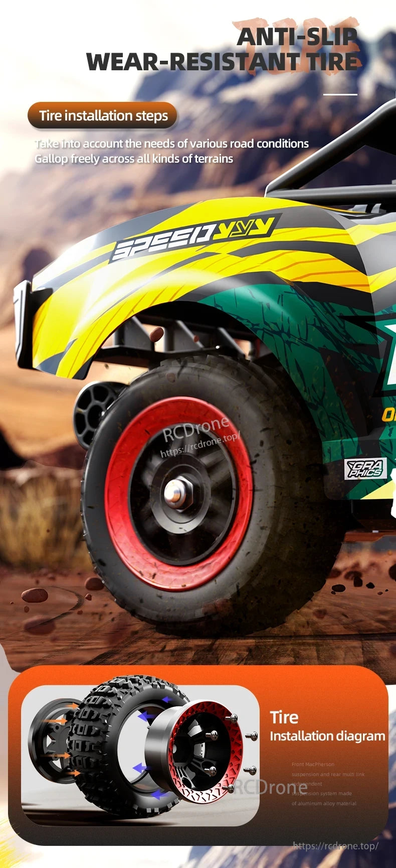 Durable, anti-slip tire for SCY 18103 PRO 1/18 RC car; includes installation guide, suited for diverse terrains with robust build and aluminum alloy suspension.