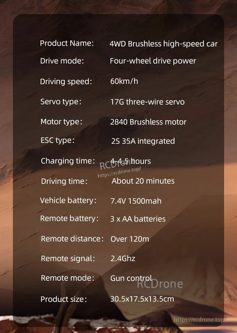 SCY 18103 PRO 1/18 RC Car, 4WD brushless RC car with 2840 motor, 60km/h speed, 7.4V battery, 20-minute runtime, 2.4GHz gun-style remote (120m range), 30.5x17.5x13.5cm size.